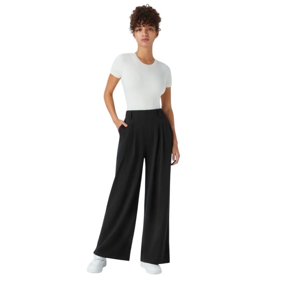 Halara Flex Waffle Knit Wide Leg High Waist Black Work Pants Women's M Petite MP